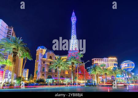 Vista notturna della Las Vegas Strip a Las Vegas, Nevada Foto Stock