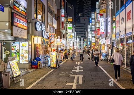 Luci al neon di negozi e ristoranti lungo il viale Sanbangai a Shinjuku, Tokyo, Giappone, il 23 settembre 2023 Foto Stock