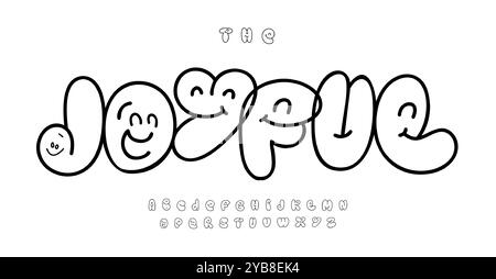 Carattere cartoni animati frizzante con volti sorridenti, lettere a forma di bolla per disegni allegri e divertenti per bambini, carattere sorridente, logo per bambini, cartone animato Illustrazione Vettoriale