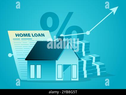 Icona della casa con un grafico di tendenza verso l'alto, simbolo della percentuale, documento di prestito della casa e pila di denaro sullo sfondo. Concetti per la crescita immobiliare Illustrazione Vettoriale