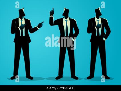Varie pose di uomo d'affari che fa gesti di puntamento, illustrazione vettoriale Illustrazione Vettoriale