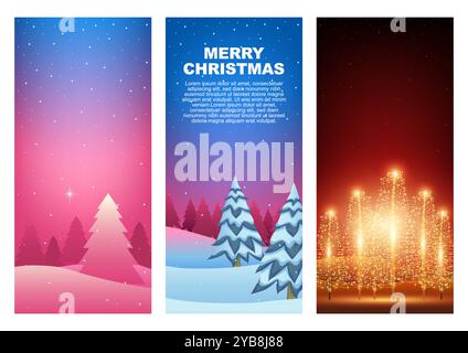 Set di alberi di Natale nella stagione invernale, ideale per gli sfondi natalizi. Ottimizzate per gli schermi dei telefoni cellulari, queste illustrazioni natalizie sono ideali Illustrazione Vettoriale