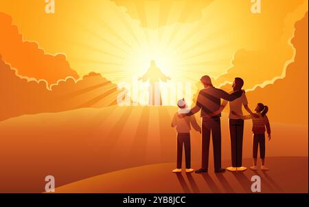 Serie di illustrazioni vettoriali della famiglia cristiana si trova in fondo alla collina, guardando in alto una brillante silhouette di Gesù Cristo sulla collina. Follo Illustrazione Vettoriale