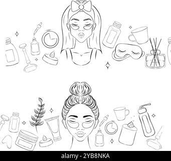 Set di biberon orizzontali senza cuciture per la cura della pelle e la routine di bellezza. Prodotti e strumenti per rimedi domestici della cura della pelle. Vettore di linea Illustrazione Vettoriale