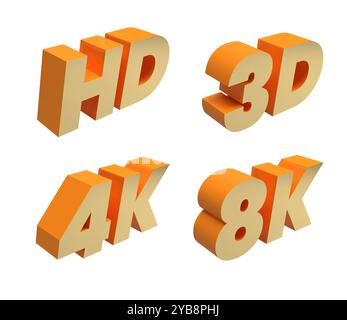 Formati video. Risoluzione e qualità. Lettere 3D isometriche. HD, 4K, 8K, 3D. Sfondo trasparenza. Foto Stock