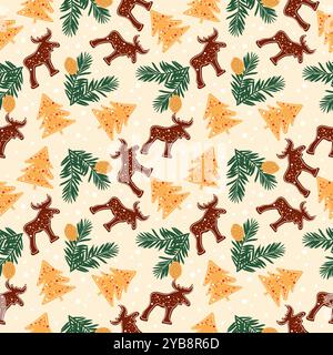 Modello natalizio disegnato a mano con biscotti al pan di zenzero e ramo di abete. Design senza giunzioni vettoriali. Illustrazione Vettoriale