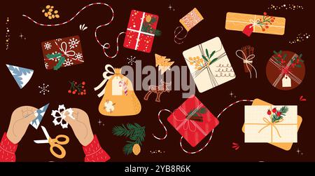 Set disegnato a mano con scatole regalo, elementi invernali, mani che creano un fiocco di neve. Design vettoriale della confezione regalo. Illustrazione Vettoriale
