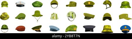 Set di icone dei berretti militari. Collezione di copricapi militari e di polizia che rappresentano stili e nazionalità diversi, mostrando la diversità dei copricapo indossati dal personale delle forze armate Illustrazione Vettoriale