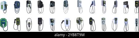 Set di icone per caricabatterie da parete per auto elettriche. Set di icone con stazioni di ricarica per veicoli elettrici con vari tipi di connettore, per un trasporto sostenibile Illustrazione Vettoriale