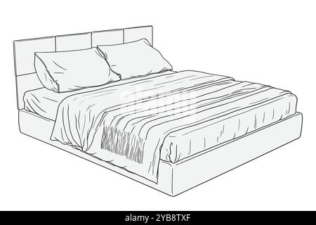 Ampio letto matrimoniale con coperta e cuscini isolati su sfondo bianco. Mobili per la casa e l'hotel Illustrazione Vettoriale