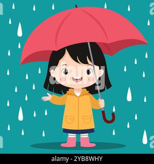 Happy Kid in Yellow Raincoat che gioca con l'ombrello in the Rain – carino vettore di cartoni animati Illustrazione Vettoriale