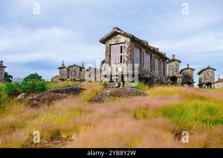 Lindoso Granaries o Espigueiros de Lindoso in Portogallo. Parco nazionale di Peneda Geres Foto Stock