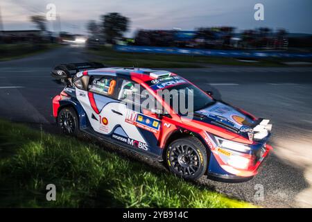 Klatovy, Repubblica Ceca. 17 ottobre 2024. OTT Tanak, Martin Jarveoja dell'Estonia con la Hyundai i20 N Rally1 gareggiano durante l'evento del Campionato del mondo Rally dell'Europa centrale a Klatovy, Repubblica Ceca, il 17 ottobre 2024. Crediti: Petr Skrivanek/CTK Photo/Alamy Live News Foto Stock