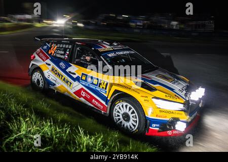 Klatovy, Repubblica Ceca. 17 ottobre 2024. Il ceco Veroslav Cvrcek, Petr Tesinsky gareggiano con la Skoda Fabia RS Rally2 durante l'evento Central European Rally World Rally Championship a Klatovy, Repubblica Ceca, il 17 ottobre 2024. Crediti: Petr Skrivanek/CTK Photo/Alamy Live News Foto Stock