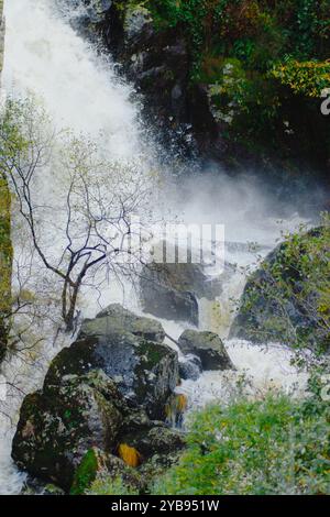 cascata in un ruscello con molta acqua a causa delle piogge autunnali, concetto di pioggia autunnale Foto Stock