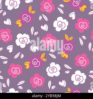 Motivo floreale bambini. Rosa vettoriale in stile doodle con fiori e foglie. Delicato sfondo floreale primaverile per pigiama, tessuto e testo per bambini Illustrazione Vettoriale