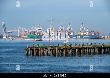 Navi container di grandi dimensioni a fianco nel porto di Southampton attracca presso la struttura DP World per l'esportazione e l'importazione di merci utilizzando container di spedizione. Foto Stock