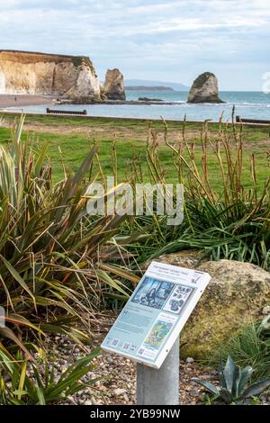 Cartello per i turisti che seguono la coda di Robert Hooke alla baia di Freshawater sull'isola di Wight, Regno Unito Foto Stock