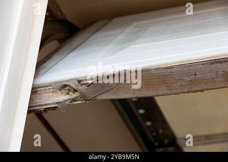 Guarnizione di tenuta stagna della porta del garage sospeso lacerata e rotta. Concetto di impermeabilizzazione, riparazione e prevenzione dei roditori. Foto Stock