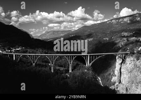 Ponte in cemento degli anni '1940 con grandi archi e una vista pittoresca del Montenegro Foto Stock