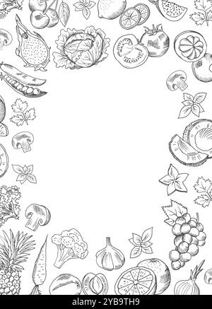 Cuocere gli ingredienti con cornice rotonda. Cibo con bordo disegnato a mano Illustrazione Vettoriale