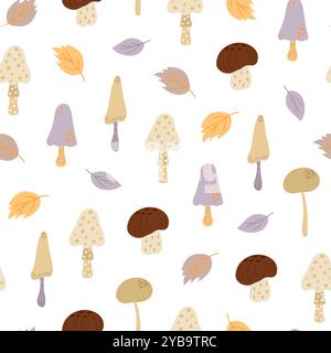 Funghi, sgabello, foglie senza cuciture, illustrazione vettoriale di Halloween disegnata a mano di una fata non commestibile, magia e fantasia simbolo della vacanza autunnale semplice stile doodle ornamento ripetuto Illustrazione Vettoriale