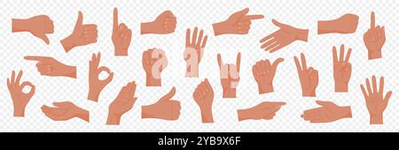 Vector Flat Simple Cartoon Hands in diversi gesti, emozioni e segni insieme, isolati. Mani colorate piatte, semplice illustrazione delle mani in stile cartone animato Illustrazione Vettoriale
