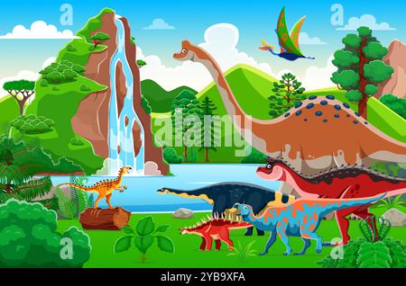 Paesaggio di epoca preistorica con dinosauri e cascate. Scena vettoriale coinvolgente con specie di dinosauri, vegetazione lussureggiante e una maestosa cascata che scende giù da una scogliera. Antico e vibrante mondo di dinosauri Illustrazione Vettoriale