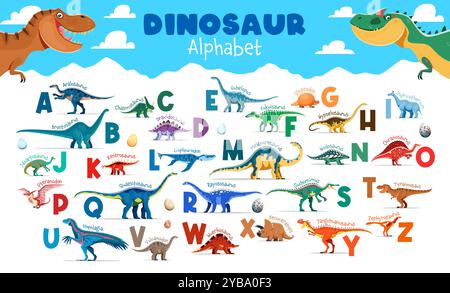 Alfabeto dei dinosauri per bambini con personaggi dino cartoni animati e set tipografico vettoriale delle uova. Lettere maiuscole con dinosauri preistorici, poster didattico per bambini. Carini animali dino lettere dell'alfabeto inglese Illustrazione Vettoriale
