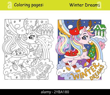 Natale simpatico unicorno da sogno con albero di Natale. Scritta da sogno d'inverno. Illustrazione monocromatica a fumetto vettoriale con campione di colore. Libro da colorare Illustrazione Vettoriale