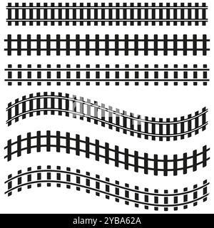 Icona della ferrovia. Guide curve e dritte. Simbolo di trasporto. Vettore bianco e nero. Illustrazione Vettoriale