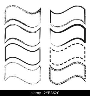 Striscioni ondulati astratti. Progetti di cornici di schizzo. Linee curve decorative. Elementi della barra multifunzione vettoriale. Illustrazione Vettoriale