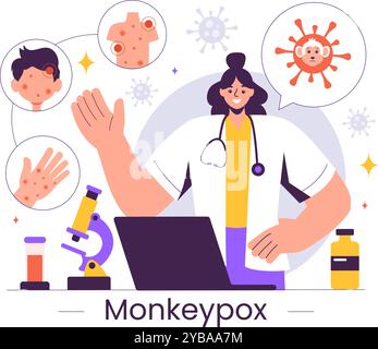 Monkeypox Outbreak Vector illustrazione che mostra i sintomi del virus negli esseri umani con elementi microbiologici in un Healthcare Flat Style Cartoon background Illustrazione Vettoriale