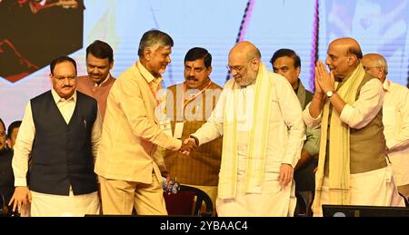 Panchkula, India. 3 settembre 2020. PANCHKULA, INDIA - 17 OTTOBRE: Da L a R JP Nadda, Chandrababu Naidu primo ministro dell'Andhra Pradesh, Amit Shah Union Ministro dell'interno, Rajnath singh Ministro della difesa durante la cerimonia di giuramento del primo ministro Haryana Nayab singh Saini e di altri ministri di Haryana a Dussehra Ground, settore 5 il 17 ottobre 2024 a Panchkula, India. (Foto di Sanjeev Sharma/Hindustan Times/Sipa USA) credito: SIPA USA/Alamy Live News Foto Stock