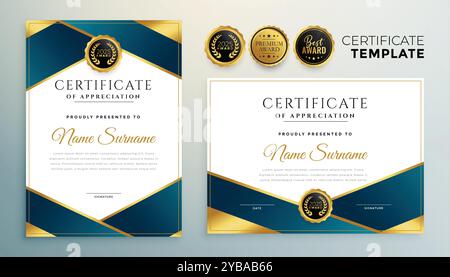 modello certificato diploma blu e dorato Illustrazione Vettoriale