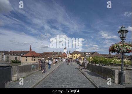 Heiligenbruecke con vista sul municipio e sulla cattedrale di San Kiliano, Wuerzburg, bassa Franconia, Baviera, Germania, Europa Foto Stock