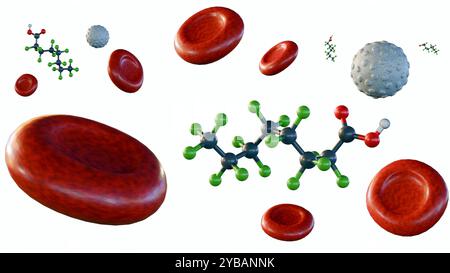 Rendering 3d di molecole di acido perfluoroottanoico (PFOA), che quasi tutti hanno livelli rilevabili nel sangue. Foto Stock