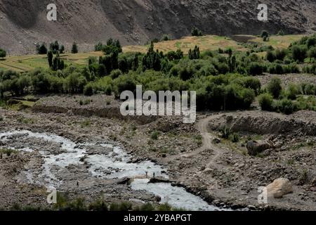 Fiume Kanday nella valle di Hushe, Baltistan, Pakistan Foto Stock