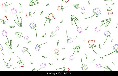 Colorato motivo senza cuciture con fiori semplici. Elementi botanici in fiore disegnati con una matita di cera sulla lavagna. Sfondo floreale vettoriale per bambini Illustrazione Vettoriale