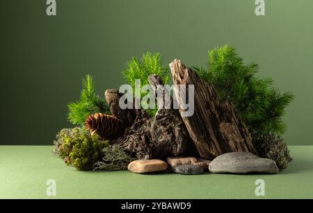 Scena naturale astratta con una composizione di rami di abete rosso, pietre e graffi secchi. Tradizionale albero giapponese in miniatura bonsai su sfondo verde. Foto Stock