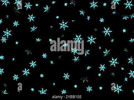 Fiocchi di neve pixel su sfondo nero per il biglietto d'auguri natalizio. Nevicata invernale, in stile pixel a 8 bit Illustrazione Vettoriale