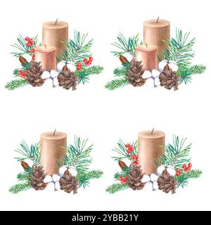 Rami di alberi di Natale, candele, bacche agrifoglio, pinne, fiori di cotone. Set di acquerelli disegnati a mano di piante invernali su sfondo isolato Foto Stock