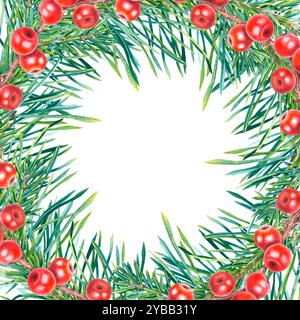 Cornice quadrata di Natale con bacche agrifoglio, rami di conifere. Modello invernale disegnato a mano su sfondo isolato. Illustrazione di una pianta sempreverde. Foto Stock