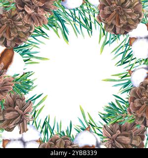 Tavola per acquerelli con coni, ramoscelli di conifere, fiori di cotone. Illustrazione disegnata a mano della cornice quadrata di Natale botanica su isolata Foto Stock