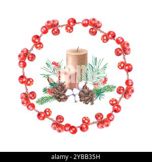 Rami di alberi di Natale, candele, bacche rosse di ilex, coni di pino, cotone in corona di bacche di agrifoglio. Illustrazione ad acquerello disegnata a mano di piante invernali. Foto Stock