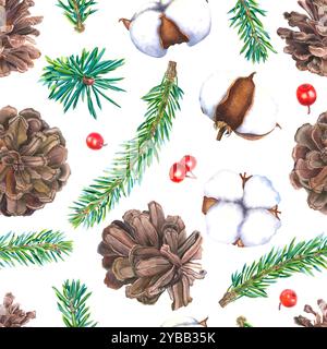 Motivo perfetto per Natale. Rami di abete, pinne, ramoscelli agrifoglio, bacche rosse, bolls di cotone. Illustrazione disegnata a mano su sfondo bianco. Foto Stock