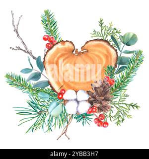 Fetta di legno a forma di cuore, rami di pino, abete e tuja, bacche agrifoglio, cono di pino, cotone, eucalipto. Illustrazione ad acquerello disegnata a mano del Natale Foto Stock