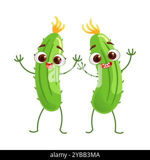 Allegri cetrioli dei cartoni animati che ballano. Simpatici personaggi divertenti in stile cartoni animati. Cibo sano, verdure, vegan. illustrazione vettoriale per bambini, web design, Illustrazione Vettoriale