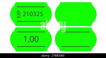 Cartellino autoadesivo per il prezzo della carta al neon verde con due strisce. Etichetta prezzo vuota. Adesivo verde per indicare la data di scadenza. Illustrazione vettoriale Illustrazione Vettoriale
