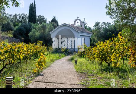 Lefkada, Grecia- 10.02.2024. La piccola chiesa commemorativa di Sant'Antonio costruita all'interno di un vigneto. Foto Stock